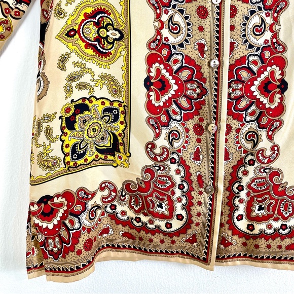 Mob Wife 100% Silk Shirt, Dana Buchman, Size 2 Petite, Gold & Red, Luxurious - Picture 5 of 13